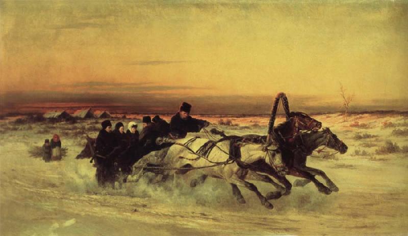 unknow artist Oil undated a Wintertroika in the gallop in sunset